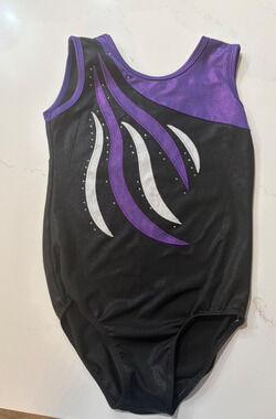 Vogue Fashion Gymnastics Leotard Black Purple Flames Foil Sequins Size 8 A